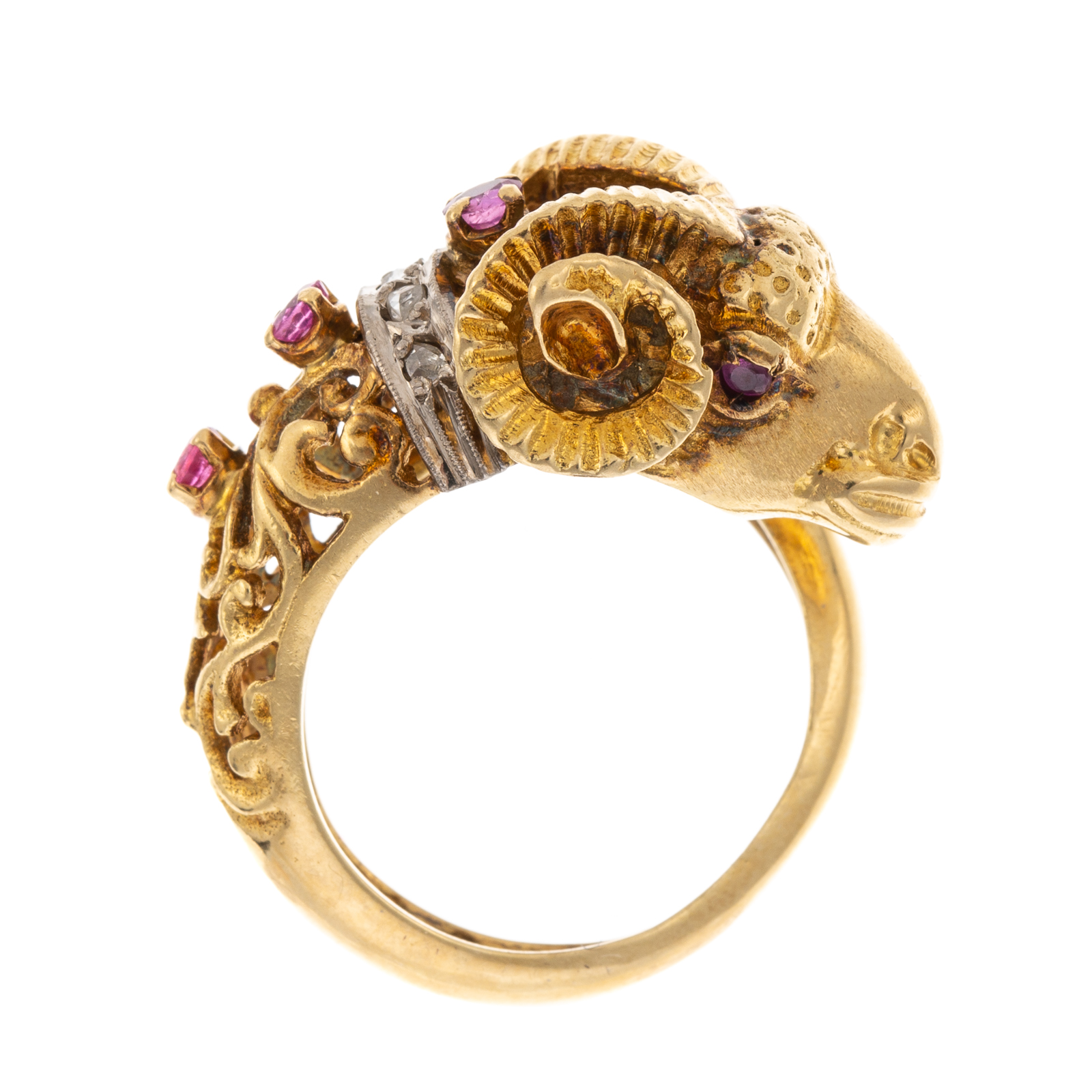 Appraisal: A VINTAGE RUBY DIAMOND RAM'S HEAD RING IN K K