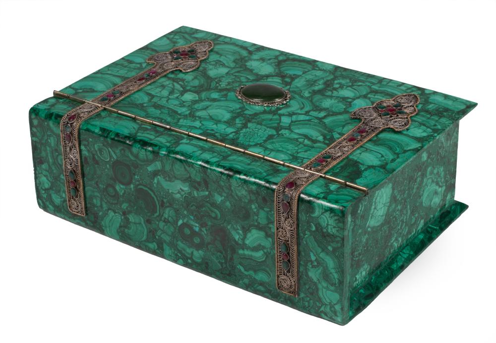 Appraisal: Continental Jewel-Encrusted Malachite Box h in w in d in