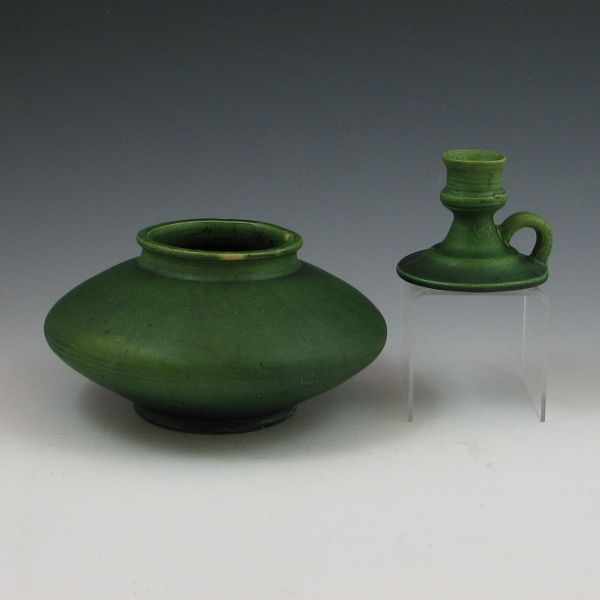 Appraisal: Cambridge matte green vase and candleholder Candleholder is marked with