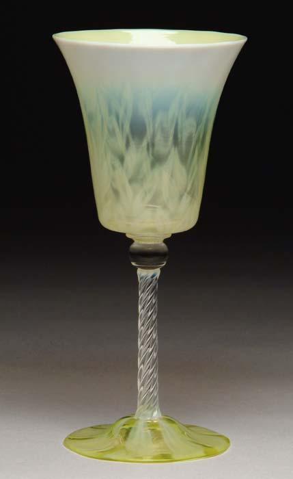 Appraisal: TIFFANY STUDIOS GOBLET Wonderful pastel yellow goblet has white feather