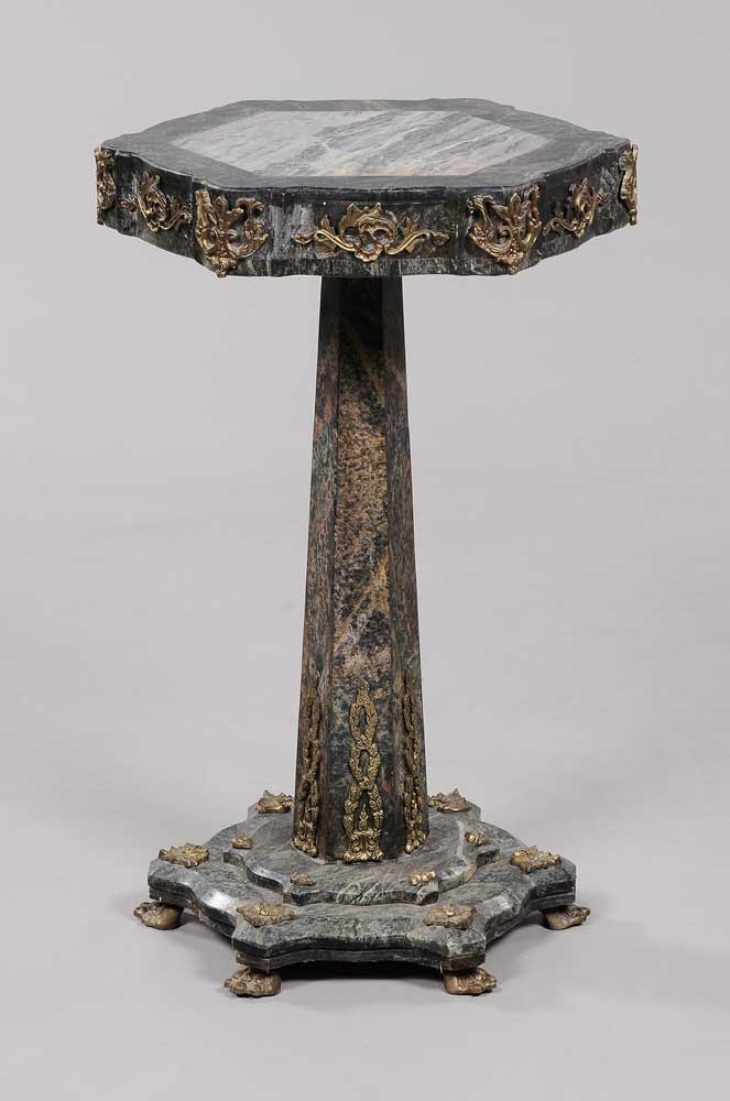 Appraisal: Bronze-Mounted Marble Pedestal Table th century variegated green and gray