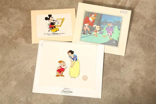 Appraisal: THREE ANIMATION CELLS Mickey Mouse in front of an easel