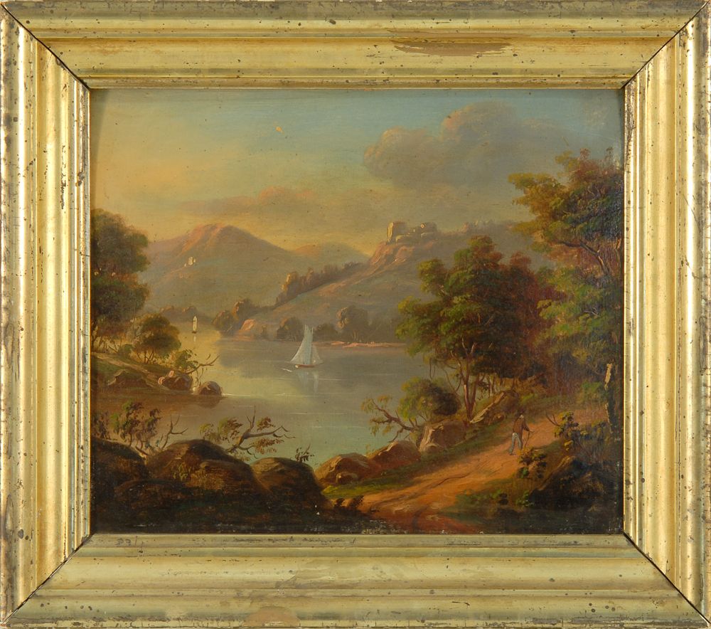 Appraisal: AMERICAN SCHOOL th CenturyPrimitive Hudson River landscape Initialed on reverse