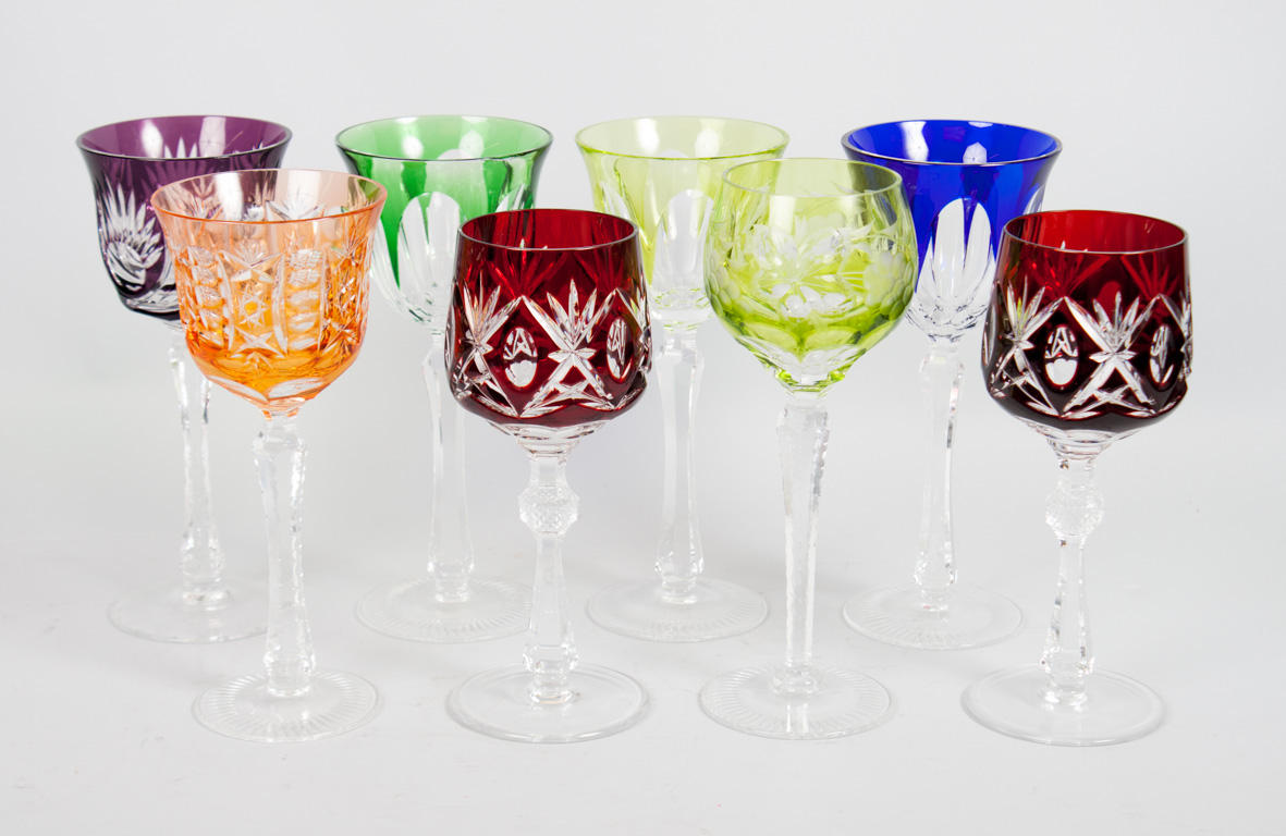 Appraisal: Eight Czecho-Bohemian glass wine stems color cut-to-clear decoration in H