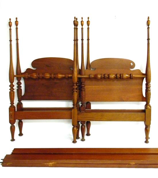 Appraisal: Pair tall post twin mahogany bedsteads urn finials and reeded