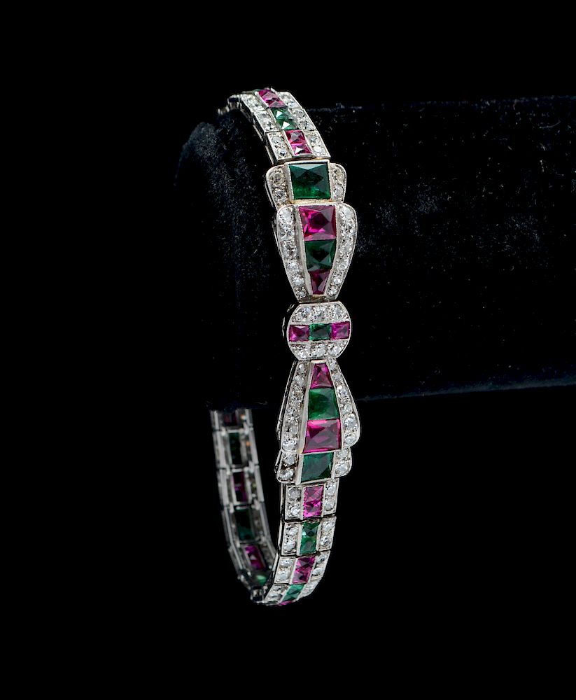 Appraisal: Art Deco K Gold Diamond Emerald Ruby Bracelet Art Deco