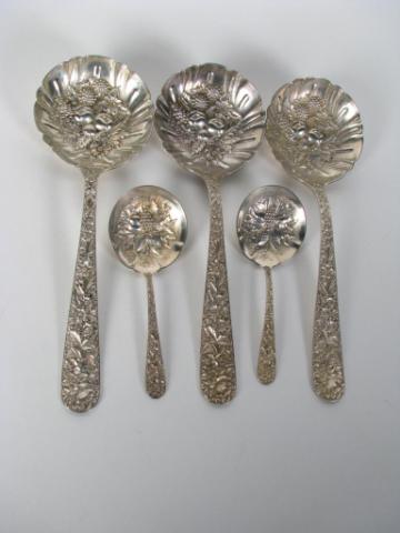 Appraisal: Kirk Sterling Repousse Serving Spoons including three large and two