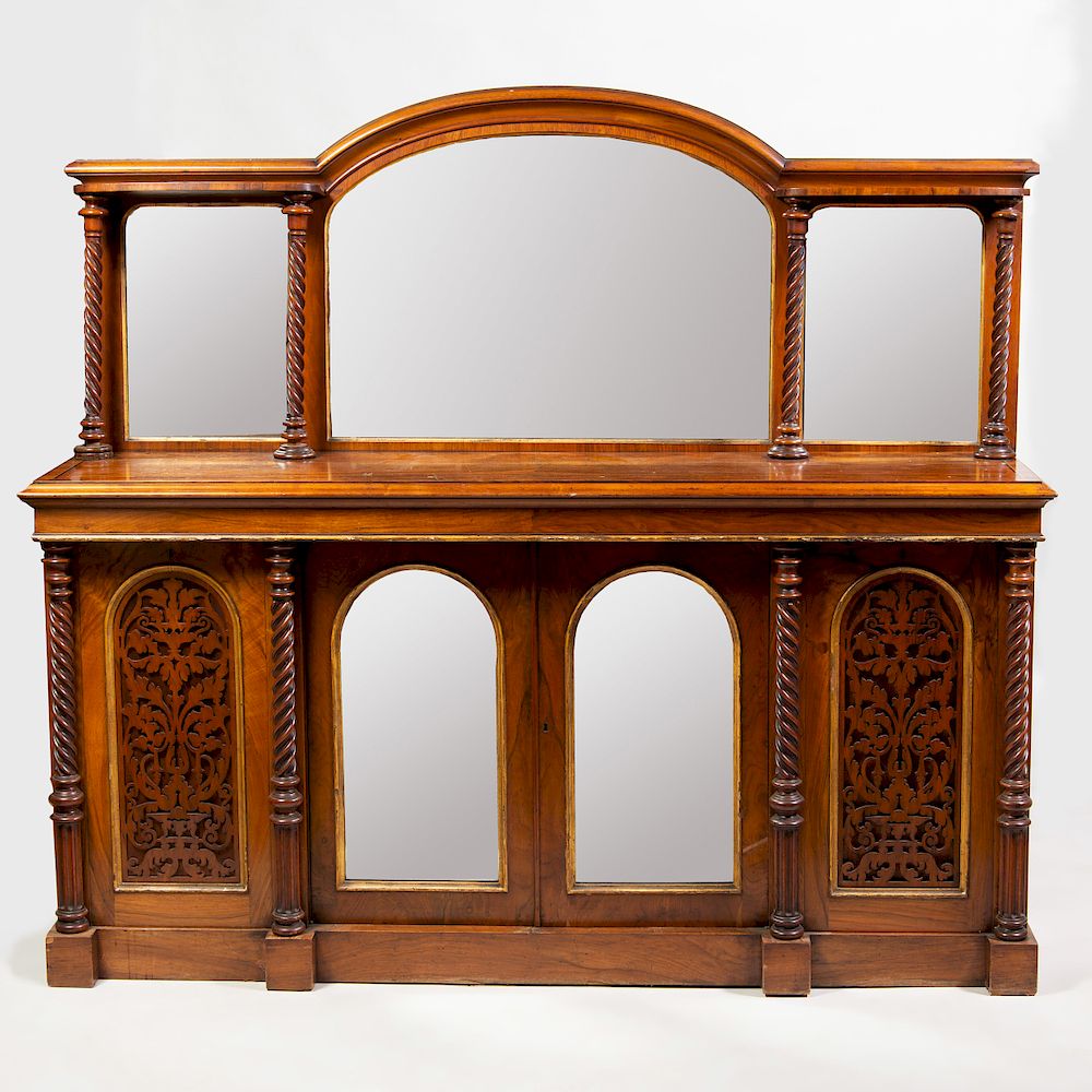 Appraisal: Victorian Inlaid Walnut and Parcel-Gilt Sideboard and Mirrored Superstructure The