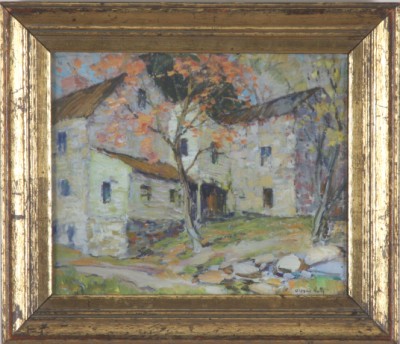 Appraisal: Stone building among trees oil on canvas board x sight