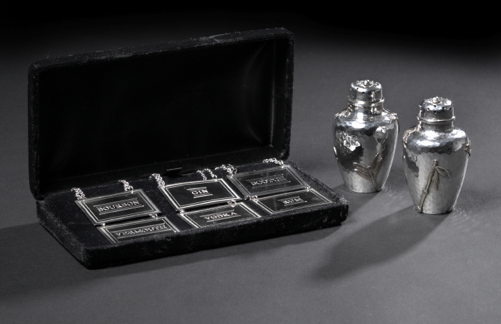 Appraisal: Cased Set of Six Sterling Silver Bottle Tickets of rectangular