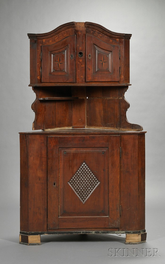 Appraisal: Inlaid Cherry Corner Cupboard Mid-Atlantic Pennsylvania the upper section with