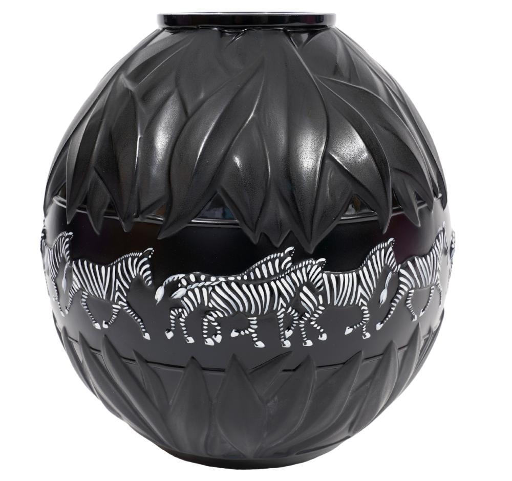 Appraisal: LALIQUE TANZANIA BLACK WHITE ZEBRA VASELalique Tanzania vase by Marie-Claude