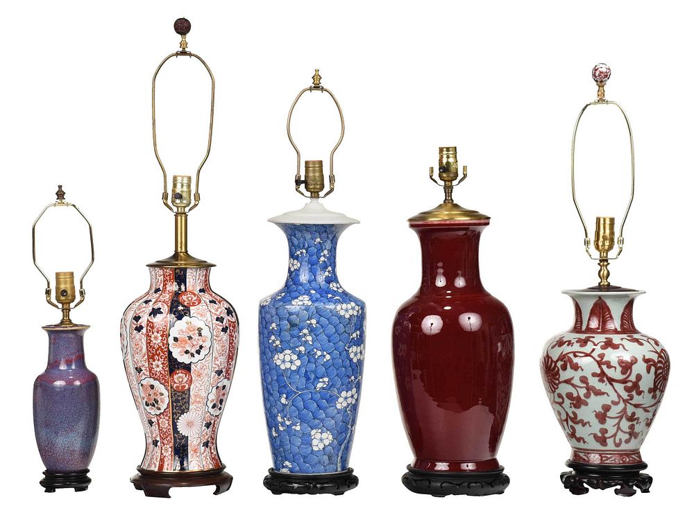 Appraisal: Five Asian Porcelain Vases Mounted as Lamps of varying size