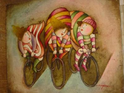 Appraisal: JAMES ROYBAL Three Cyclists signed x unframed and another depicting