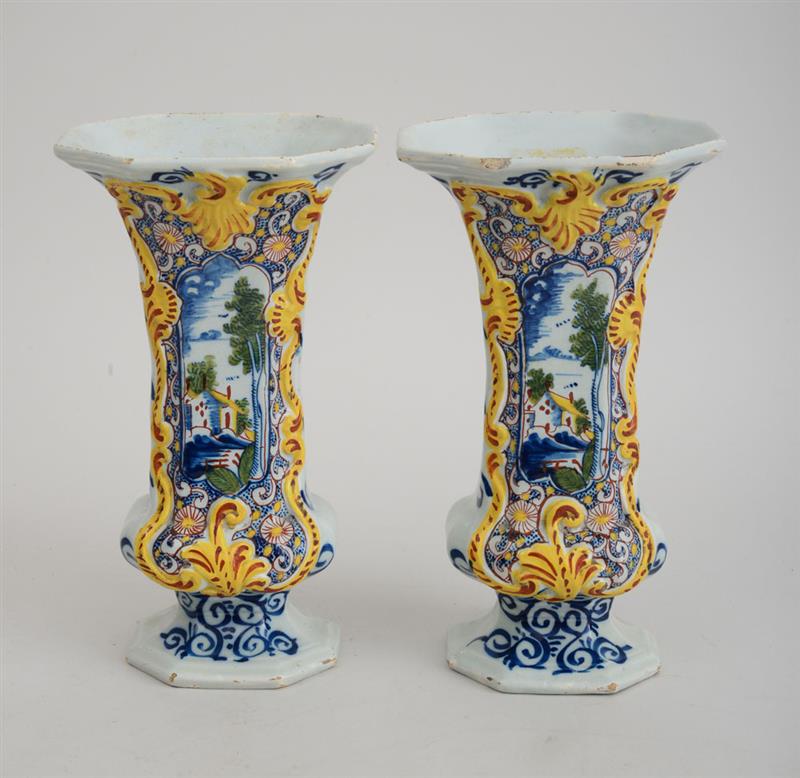 Appraisal: PAIR OF DUCTH POLYCHROME DELFT GARNITURE VASES Unmarked each of