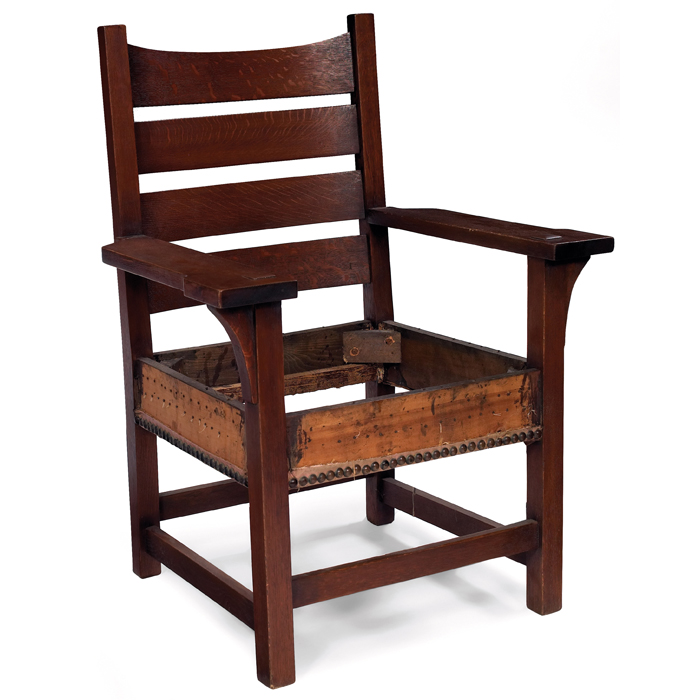 Appraisal: Gustav Stickley armchair similarto heavy form with arched railover three