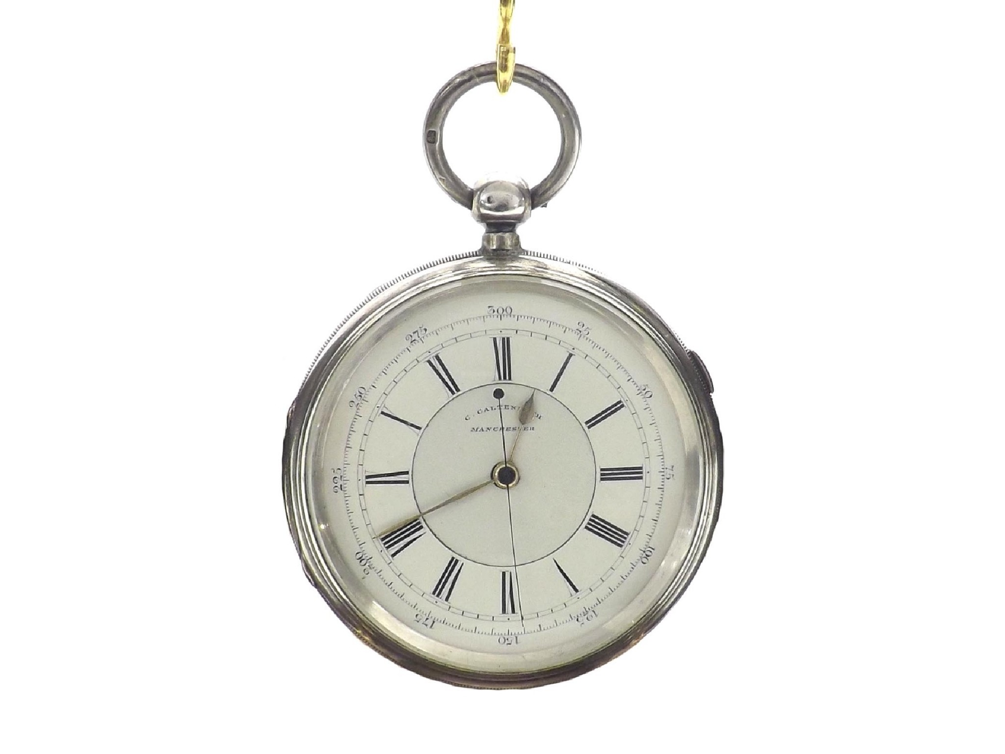 Appraisal: Silver centre second chronograph fusee lever pocket watch Chester three-quarter