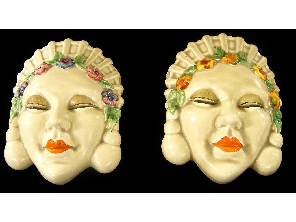 Appraisal: Pair of Clarice Cliff 'Marlene' face wall pockets each with