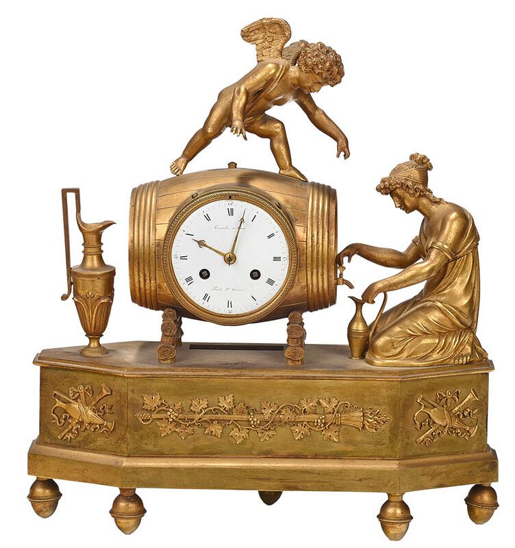 Appraisal: French Gilt Bronze Figural Mantel Clock th century elongated octagonal