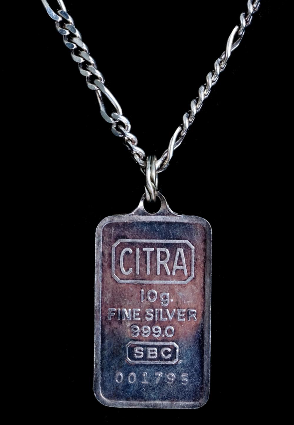 Appraisal: CITRA G FINE SILVER INGOT ON NECKLACECITRA G Fine Silver