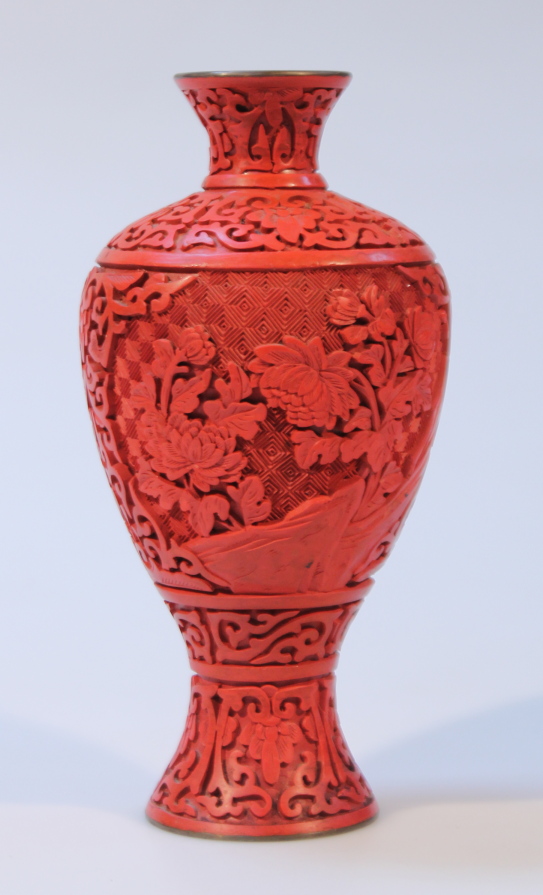 Appraisal: A Chinese red cinnabar cloisonne vase the shouldered body raised