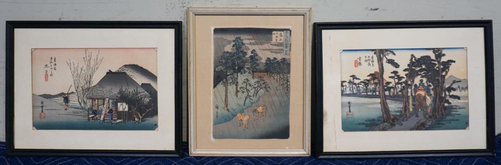 Appraisal: THREE JAPANESE WOOD BLOCK PRINTS OF VARIOUS SCENES LARGER FRAME