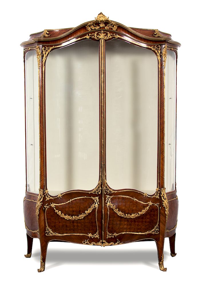 Appraisal: A Louis XV Style Gilt Bronze Mounted Parquetry Vitrine Cabinet