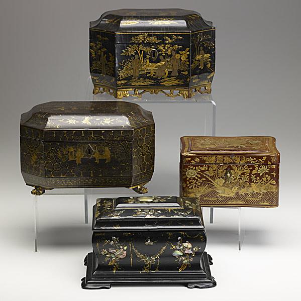 Appraisal: FOUR ASIAN LACQUER BOXESTwo tea caddies with interior compartments and