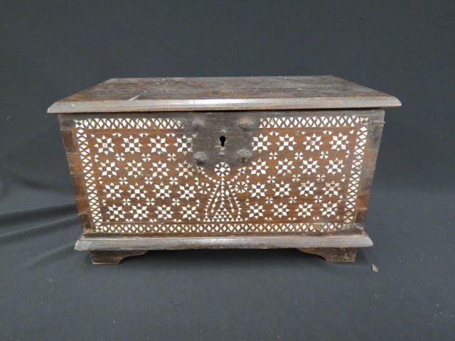 Appraisal: Early Inlaid Wooden Chest handwrought hinges handles and lock overall