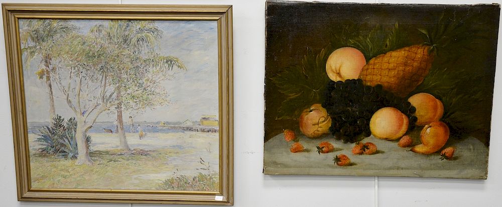 Appraisal: Three paintings to include primitive still life oil on canvas