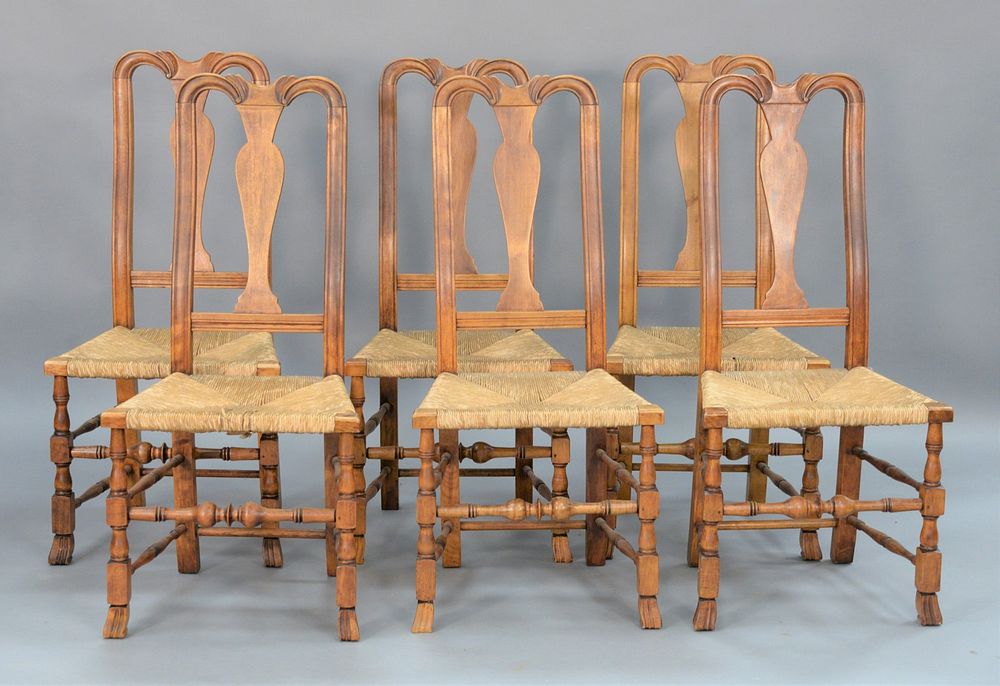 Appraisal: Set of Six Queen Anne Side Chairs with rush seats