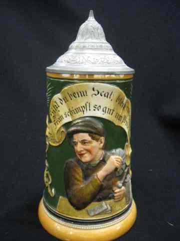 Appraisal: German Pottery Stein bas-relief depicts mansmoking drinking and gambling pewter