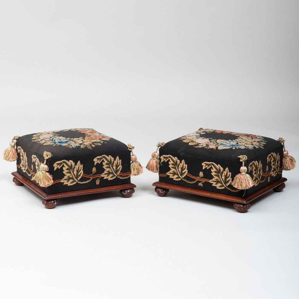 Appraisal: Pair of Victorian Needlework and Mahogany Foot Stools with Tassels