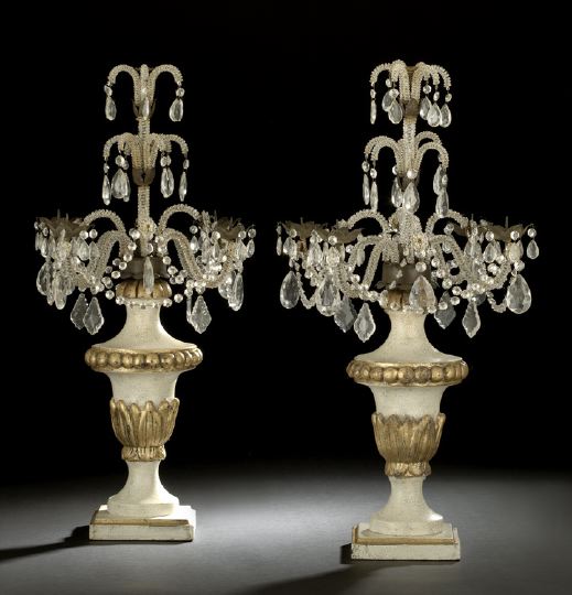 Appraisal: Large Pair of Italian Four-Light Vasiform Candelabra the carved white