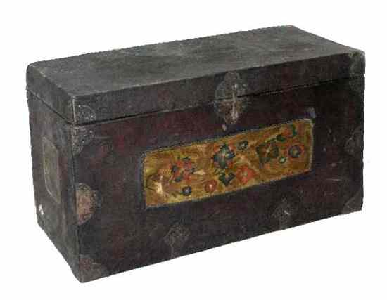 Appraisal: A Tibetan Brass Mounted Painted Leather Trunk circa of rectangular