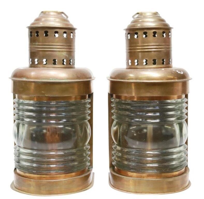 Appraisal: pair Ship's kerosene lanterns th c molded colorless glass diffuser