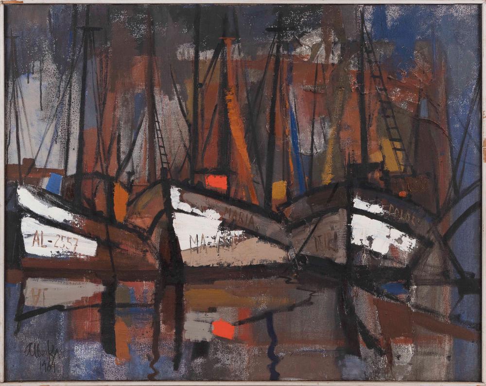 Appraisal: PAINTING OF FISHING BOATS AT DOCK TH CENTURY OIL ON