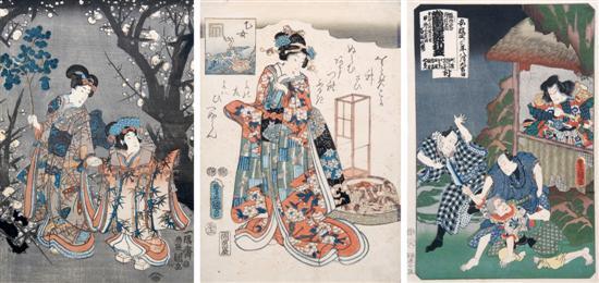 Appraisal: Group of Three Woodblock Prints Toyokuni one depicting a mother