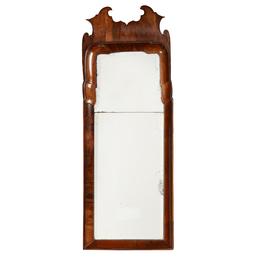 Appraisal: QUEEN ANNE WALNUT MIRROR EARLY TH CENTURY the scroll broken