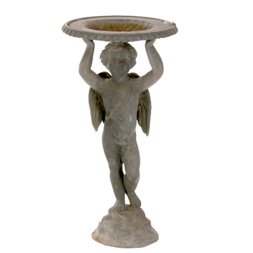 Appraisal: GARDENWARE Lead birdbath with cherub holding a shallow bowl on