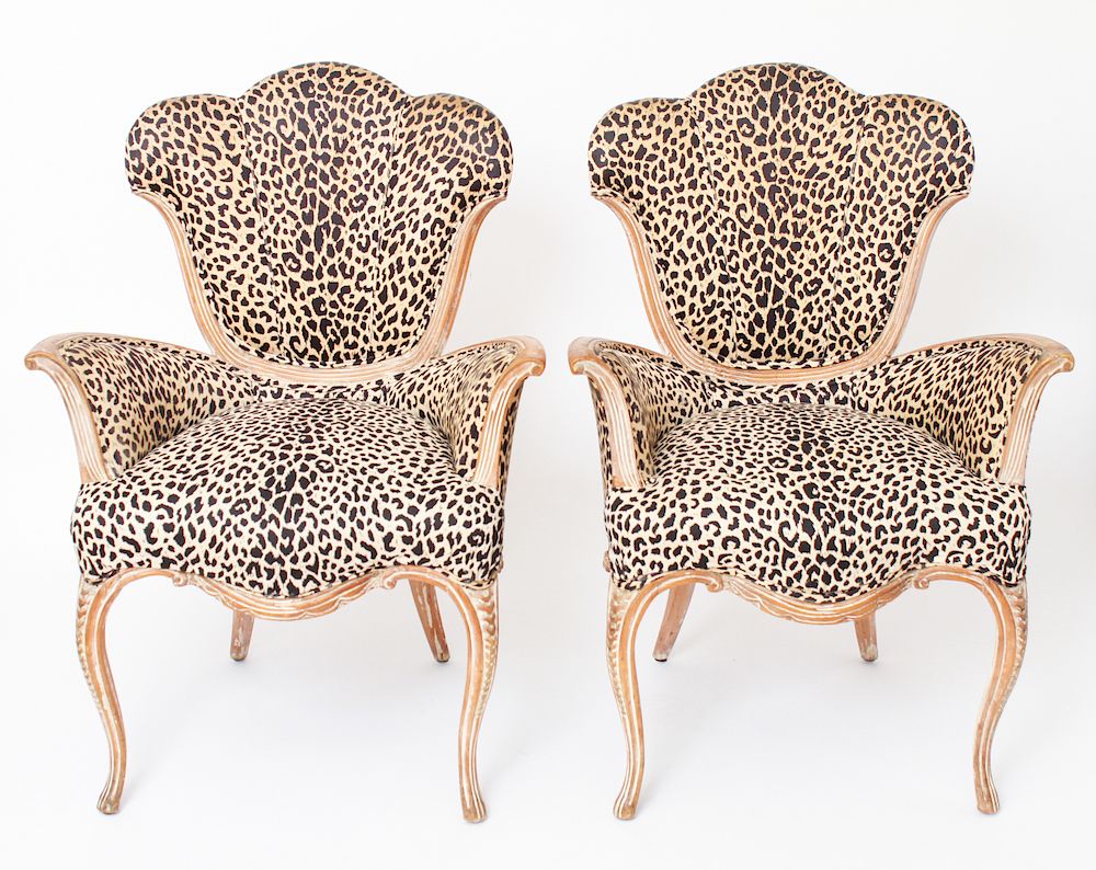 Appraisal: A Rateau Style Art Deco w Leopard-Print Chairs Pr Pair