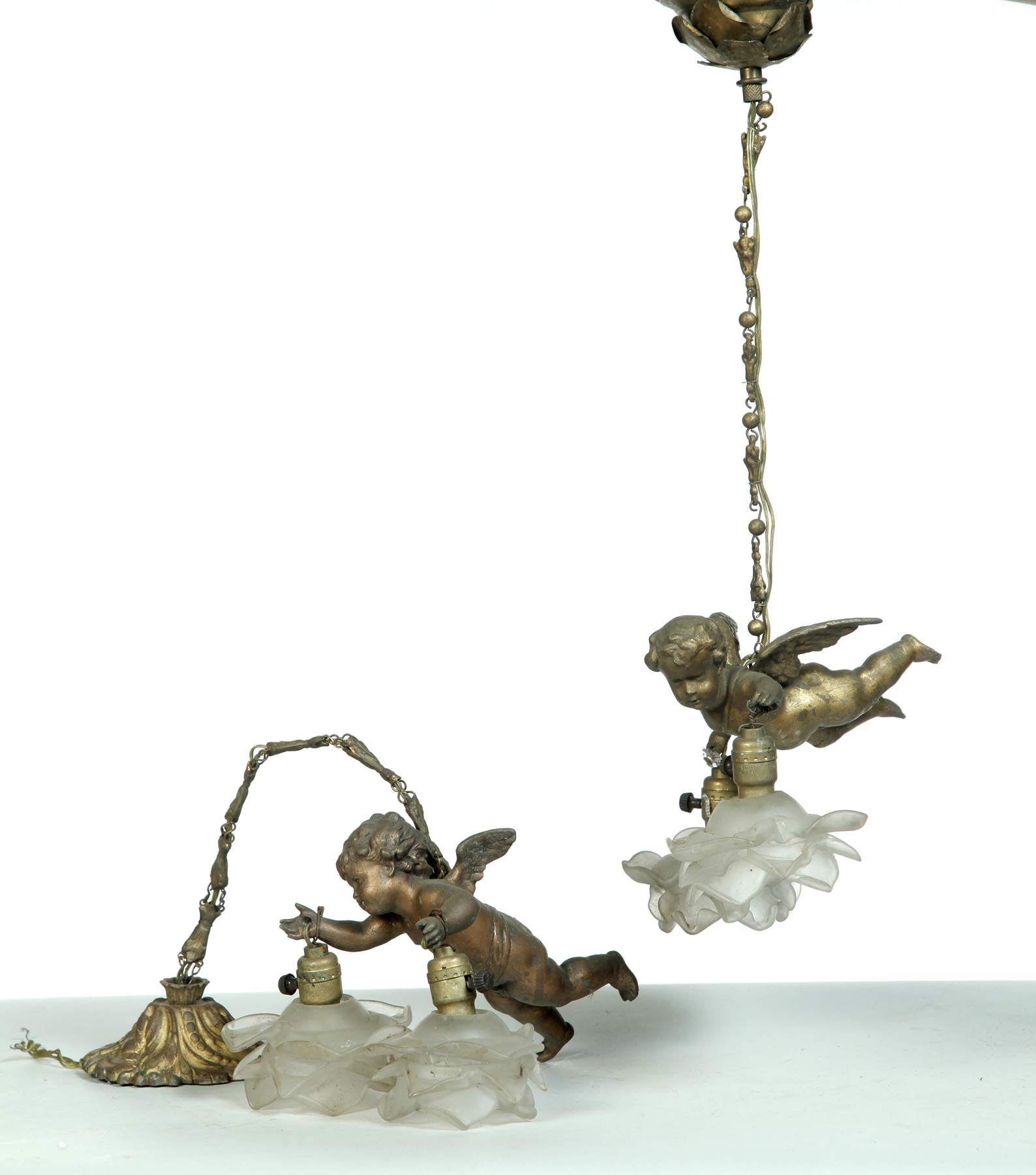 Appraisal: PAIR OF HANGING FIGURAL CHERUB LAMPS American th quarter- th