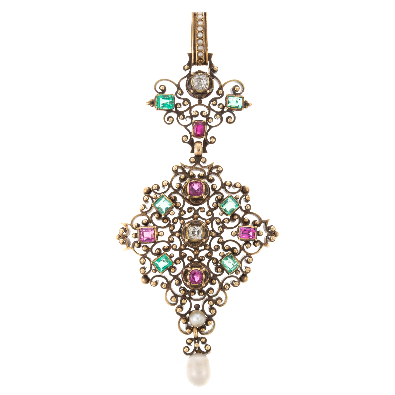 Appraisal: AN IMPRESSIVE K DIAMOND EMERALD RUBY PENDANT K yellow gold