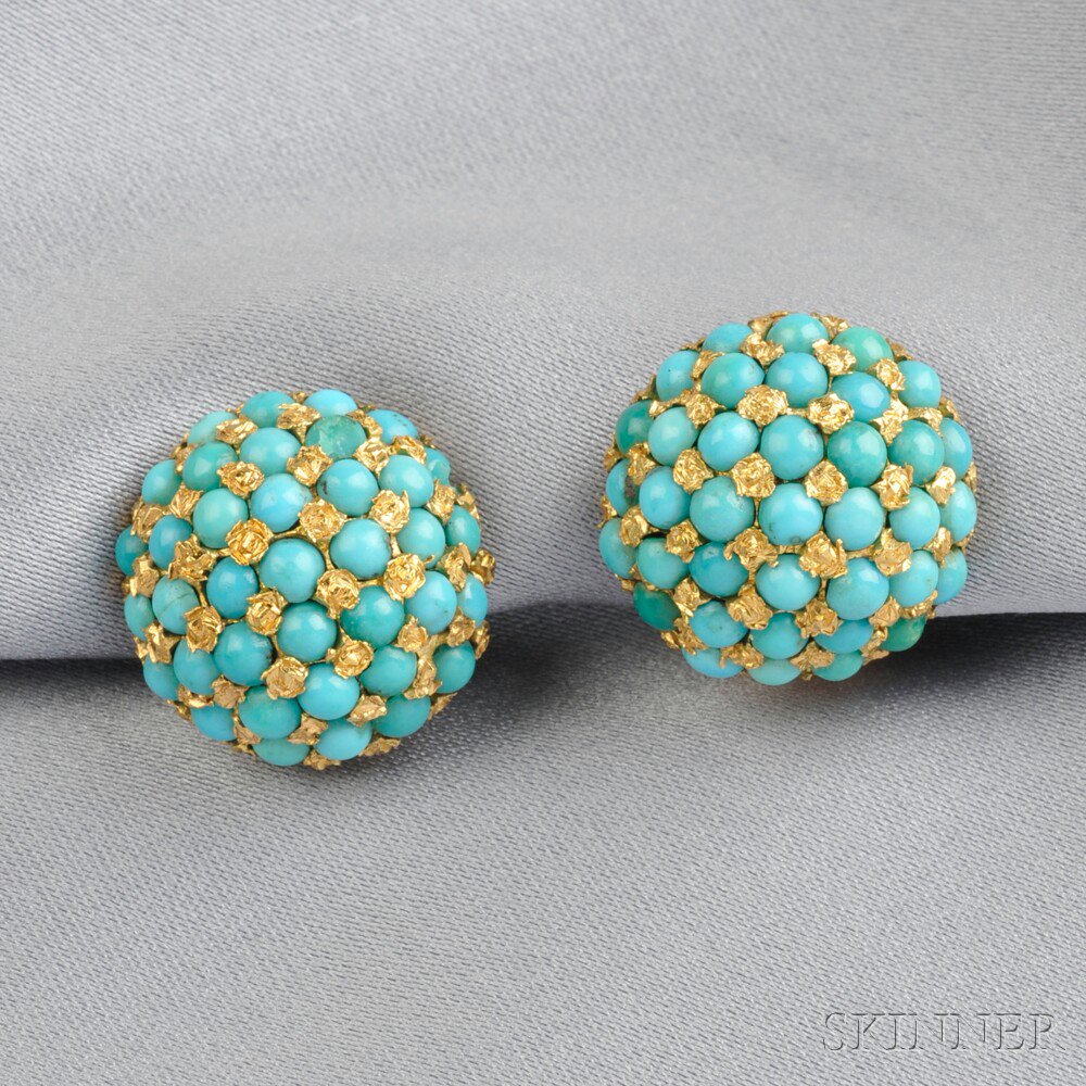 Appraisal: kt Gold and Turquoise Earclips each designed as a pave-set