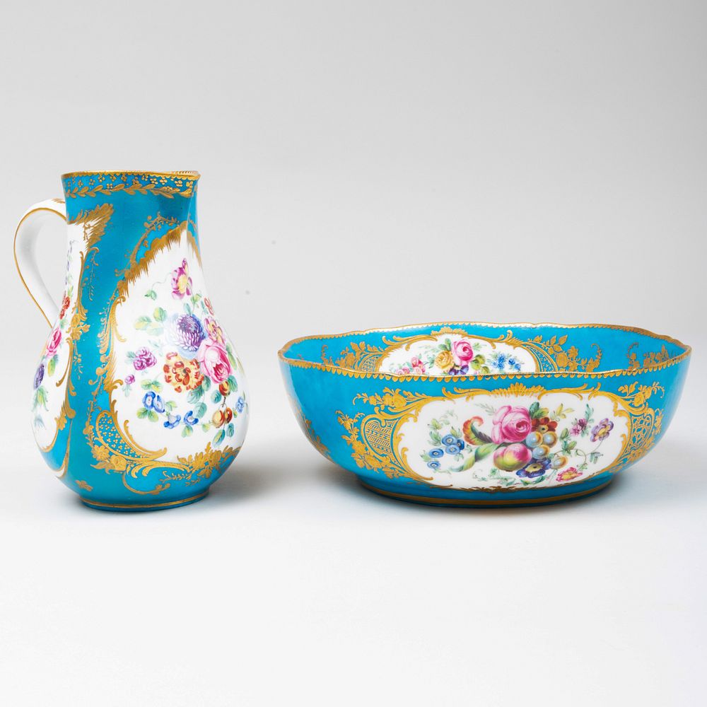 Appraisal: S vres Turquoise Ground Porcelain Bowl and Pitcher Blue painted