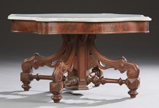 Appraisal: American Carved Walnut Marble Top Center Table American Carved Walnut