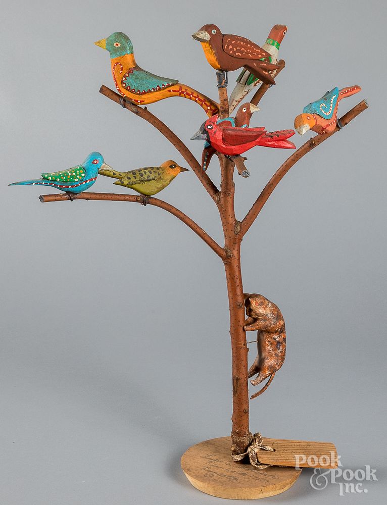 Appraisal: Luke Gottshall carved and painted bird tree Luke Gottshall carved