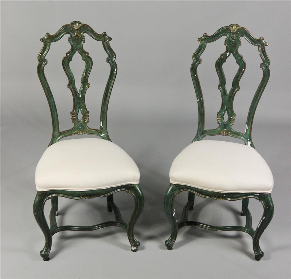 Appraisal: PAIR OF PORTUGUESE ROCOCO STYLE GREEN PAINT DECORATED SIDE CHAIRS