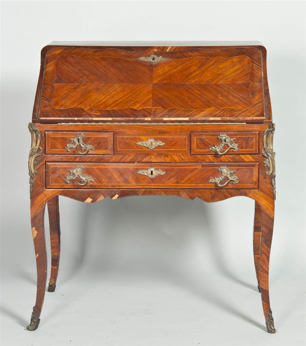 Appraisal: LOUIS XV ORMOLU MOUNTED KINGWOOD AND PARQUETRY BUREAU EN PENTE