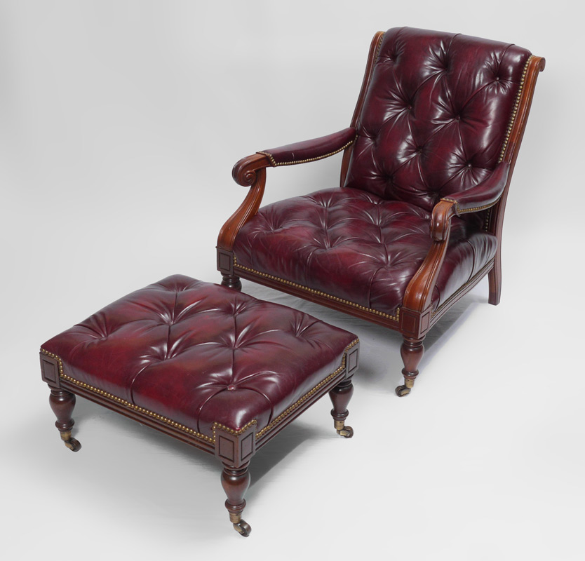 Appraisal: BURGUNDY LEATHER CLUB CHAIR OTTOMAN Tufted tacked burgundy leather upholstered